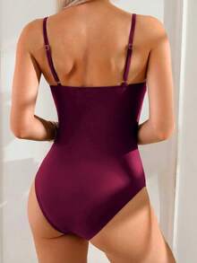 Swim Lushoire Women's Solid Color Ruched Spaghetti Strap One-Piece Swimsuit, Suitable For Beach Vacation, Pool Party, Beach Party - Red Violet - View 2