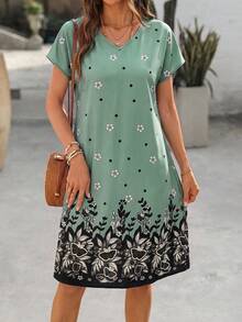 EMERY ROSE Women's V-Neck Short Sleeve Floral Print Midi Dress - Green - View 1