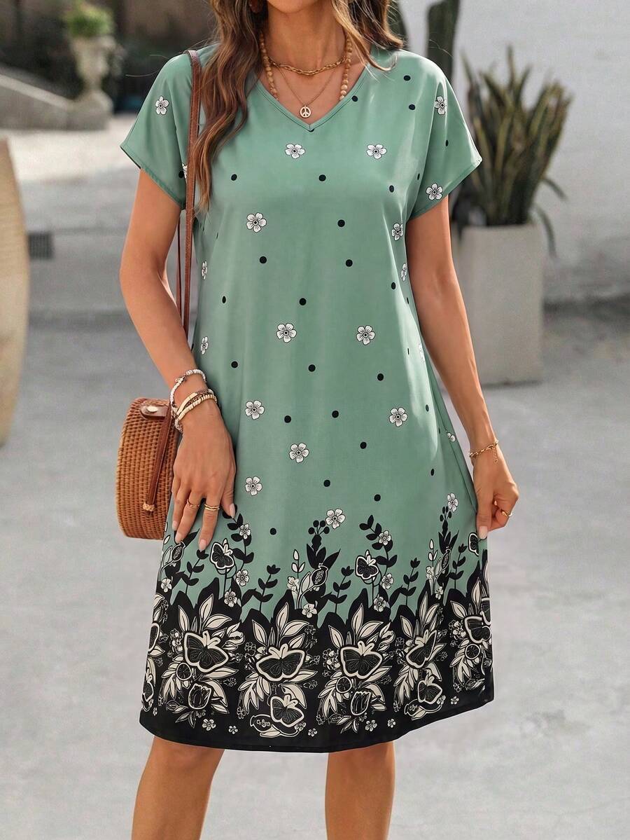 EMERY ROSE Women's V-Neck Short Sleeve Floral Print Midi Dress - Green - View 1