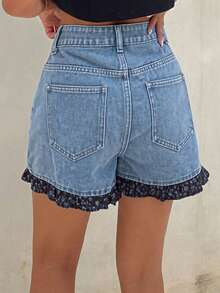DAZY Shorts vaqueros de mujer con parches florales - Azul - Ver 2