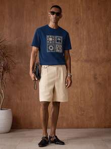 Vientiro 男款刺繡印花圓領落肩時尚休閒百搭短袖T恤 - 藏蓝色 - 查看 7
