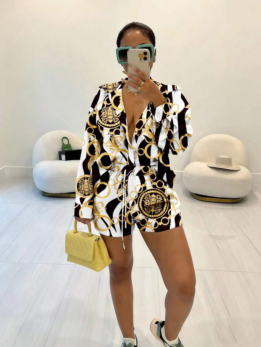 Rovax Women's Single-Breasted Full Print Long Sleeve Top And Shorts Casual 2 Pieces Set - Black - View 1