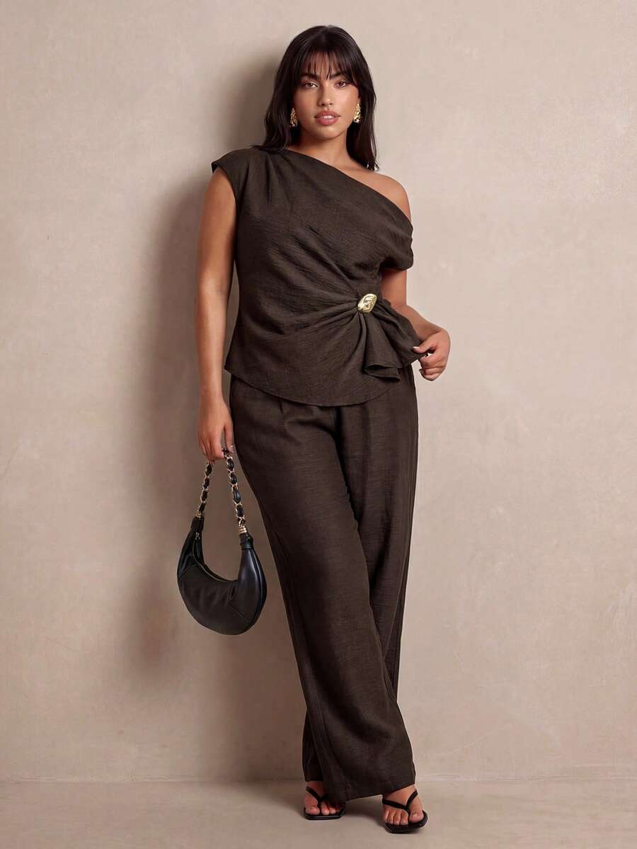 Elaquor Plus Size Women's Elegant Brown Autumn Curve Cocktail Outfit,Asymmetrical Neck Metal Ruched Top And Wide Leg Pants 2-Piece Set,Commuting Vacation - Brown - View 1