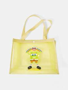 SpongeBob SquarePants | SHEIN 黃色網格托特包，印有圖案，大容量，易於攜帶，適合度假、旅行、購物 - 黃色 - 查看 9