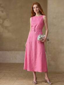 MOTF PREMIUM LINEN BELTED DRESS - Hot Pink - View 4