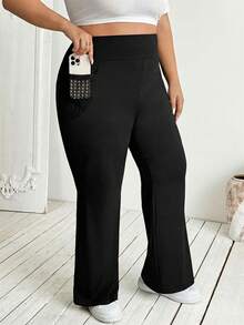SHEIN CURVE+ 大码女式返校休闲家居服瑜伽舒适户外纯色针织弹力腰高腰喇叭裤，带蕾丝口袋的紧身裤 - 黑色 - 查看 4