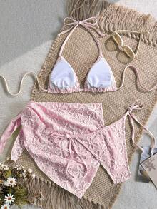 Swim Mod Women's Sweet Sexy Tropical Pink Halter Triangle Top Skirt Bikini Set For Spring/Summer Beach Party Vacation - Pink - View 2