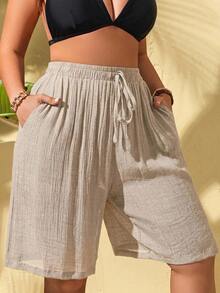 Swim Lushoire 竹節抽繩大尺碼女款罩衫上衣與及膝短褲 - 卡其色 - 查看 5