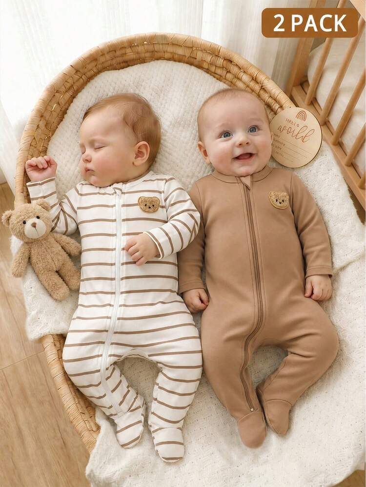 SHEIN 2pcs Newborn Baby BOY Romper White Brown Cute 3D Animal Patch Design Footed Full-Length Zipper Autumn Soft Skin-Friendly Fashion Clothing - Brown - View 3