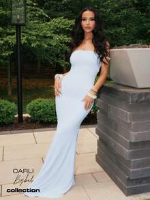 MISSGUIDED X Carli Bybel Off Shoulder Twist Strap Maxi Dress Elegant Bodycon Formal Evening Gown Party Long Dress Strapless White - Baby Blue - View 1