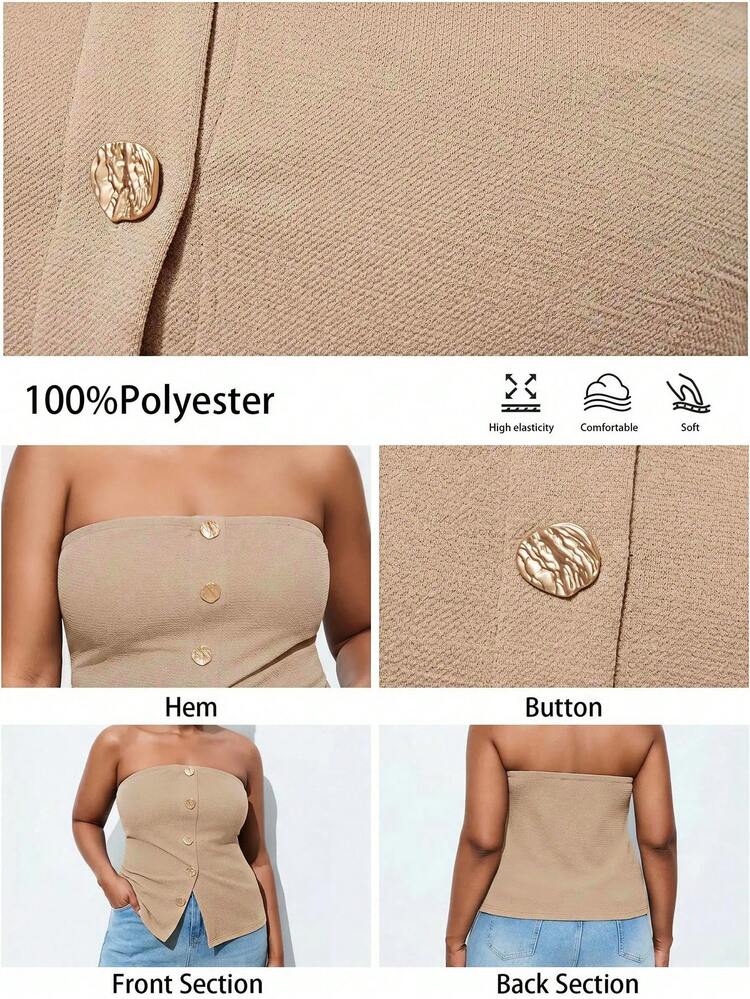 SHEIN Maija Plus Size Women's Solid Color Button Casual Versatile Daily Outing Tube Top