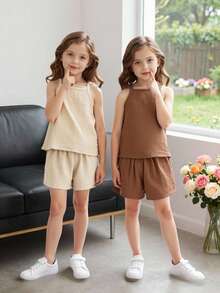 Elladie kids Girls' 4-Piece Set Cute Minimalist Style Girls' Tank Top Set, Apricot And Brown, Suitable For Daily Outings And Casual Vacations,Back To School. - Multicolor - View 8