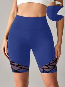 Easithlete Easithlete Celana Pendek Wanita Model Saku Jala Patchwork Kasual Serbaguna untuk Aktivitas Olahraga Sehari-hari - Royal Blue - View 3