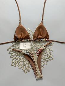 Swim Vcay 女款度假海灘紋理拼接掛脖綁帶比基尼兩件式泳衣套裝 - 彩色 - 查看 2