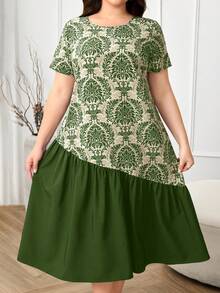 Mulvari Plus Size Vacation Patchwork Paisley Print Short Sleeve Long Dress For Women Formal Sage Green Summer Elegant - Army Green - View 4
