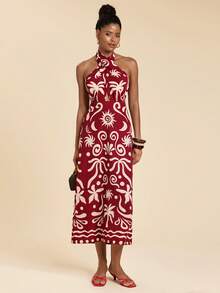 Travachic Vacation Casual Tropical All-Over Print Backless Halter Neck Dress,Summer,Beach Vacation,Elegant,Vacation Burgundy - Red - View 7