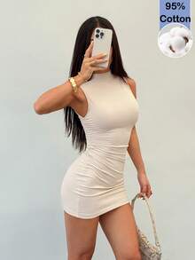 SHEIN PETITE 女士新款纯色立领迷你连衣裙 夏季春季派对婚礼沙滩装 女士健身休闲服 - 杏色 - 查看 1