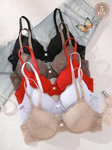 SHEIN Women's Underwire Sexy Lace Casual Comfortable Push-Up Bra 5pcs Set - Multicolor - View 1
