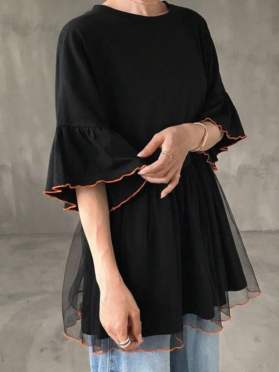 FRIFUL 女款圓領網布拼接百褶休閒百搭日常外出短袖T恤 夏季 - 黑色 - 查看 1