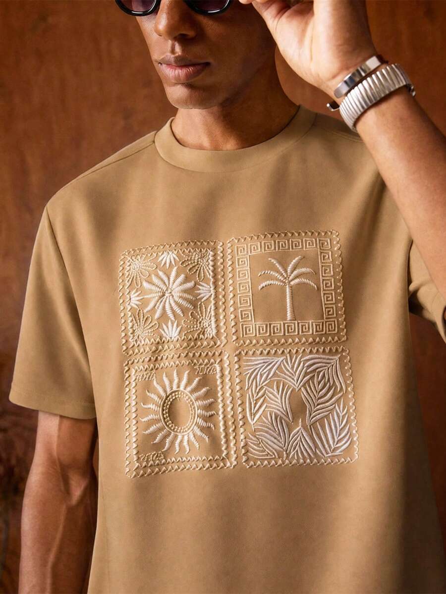 AKNOTIC Business Casual 男士夏季休閒度假刺繡短袖寬鬆版型T恤