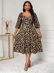 SHEIN Lady Plus Size Women's Leopard Print Fashion Date Evening Wedding Guest Holiday Cocktail Party Dress Beige Autumn Elegant Sexy - Multicolor - View 6