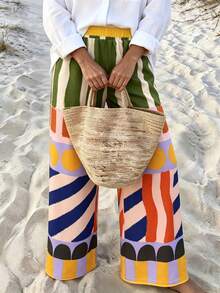 Vaclyn Women's Casual Boho Vacation Style Geometric Pattern Pocket Loose Long Pants Beach Olive Green Summer - Multicolor - View 5
