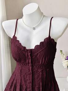 Comfortcana Women's Solid Color Contrast Lace Single-Breasted Camisole Top - Brown - View 5