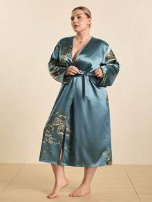 Hourtrue 1pc Plus Size Women Floral Print Satin Robe, V-Neck Long Sleeve Loose Bathrobe, Kimono Style Tie Waist Long Loungewear, Smooth Silk-Like Fabric, Machine Washable, Suitable For Home Use - Olive Green - View 7