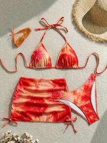 Soleia Plus Size Women's Large Floral Print Vacation Beach Multi-Piece Set Bathing Suits For Women - Red - View 1