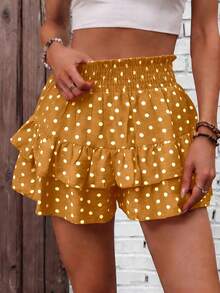SHEIN Holidaya Waist Gathered Faux Linen Printed Double Layer Ruffle Skort - Orange - View 3