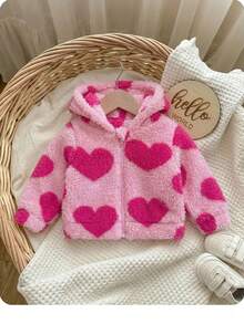 SHEIN Baby Girls Pink Heart Print Fleece Jacket With Hooded Ears Baby Girls Heart Pattern Sherpa Jacket With Bear Ears Hood Adorable Pink Heart Teddy Fleece Jacket For TBabyGirls With Hooded Pompoms.Baby Girl Clothes Warm Girl Clothes Kids Clothes For Online Teddy Bear Clothes For Toddler Good Quality Clothes For Girls,Baby-Baby Girls Clothing-Baby Girls Sets-Baby Girls Outerwear Co-Ords - Hot Pink - View 8
