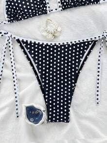 Swim Mod 女款夏季新款波點飾邊性感比基尼兩件式泳衣 性感風格海灘度假泳裝 - 黑色 - 查看 4