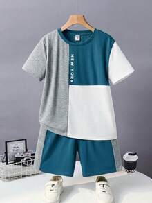 SHEIN 2件組兒童青少年男孩休閒拼色圓領短袖T恤與短褲套裝，適合通勤、上學、日常休閒、運動、春夏季、海邊度假 - 寶藍色 - 查看 3