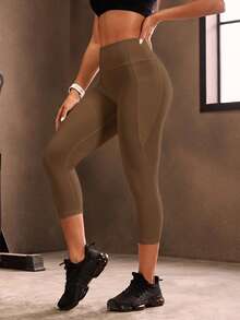 Powerista Women's Solid Color High Waist Daily Fitness Capris Sports Leggings - Brown - View 6