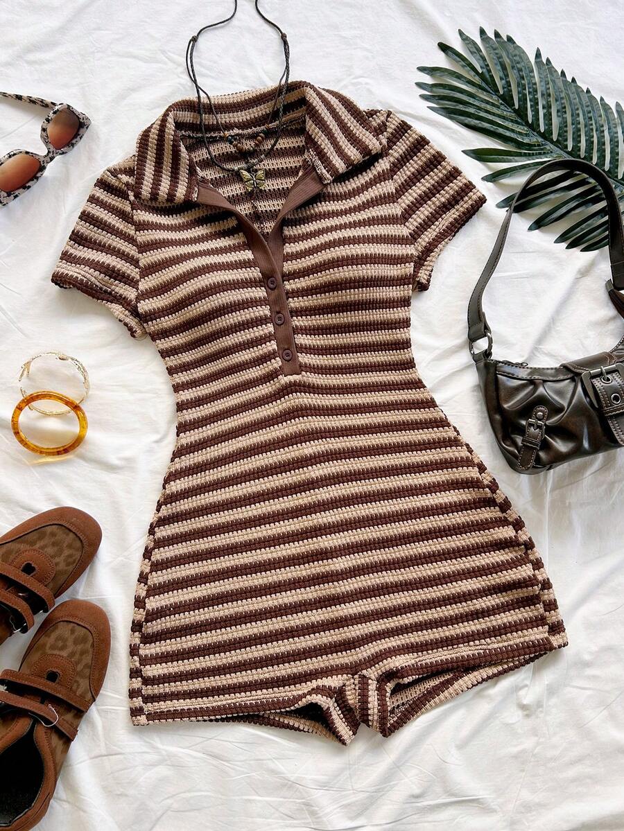 Soleia Mono casual de uso diario con bloques de color a rayas para mujer de talla grande - Marrón - Ver 1