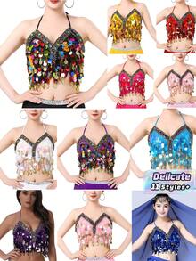 1PC Colorful Sequin Wrapped Belly Dance Costume, A Hanging Coin Stage Performance Dance Costume With Sequin Tassel Top - Multicolor - View 1
