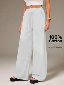 SHEIN Tall 女款夏季鄉村音樂會外穿海灘波希米亞風基礎極簡水洗100%純棉白色弧形下擺寬腿運動褲海灘褲，適合高個女性 - 白色 - 查看 5