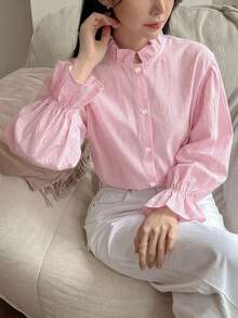 DAZY Women's Casual Commuter Striped Shirt - Pink - View 8