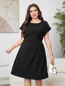 Reflora Plus Size Women's Summer Dress, Elegant Waist-Cinched Ruched Casual Outing Short Sleeve Cool Teachers' Day Office Black - Black - View 3