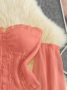 Franclia Top corto vintage francés rosa con volantes, hombros descubiertos, botones de perla y mangas acampanadas - Rosado Sandía - Ver 3