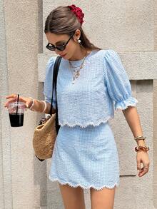 Serisse Conjunto de 2 piezas de top de cuello redondo a cuadros y minifalda casual para uso diario para mujer - Azul - Ver 8