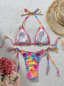 Swim Mod 2件組 春夏海灘度假彩色花卉隨機印花蝴蝶結飾掛脖三角杯比基尼上衣與側綁比基尼泳褲性感比基尼套裝 - 彩色 - 查看 2