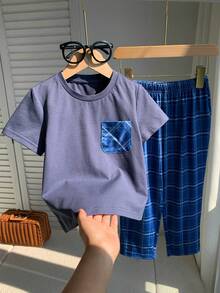 SHEIN 男童纯色针织圆领休闲T恤和格子裤两件套家居服 - 彩色 - 查看 6