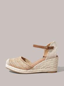 Styleloop Retro Casual Style Woven Wedge Sandals; Buckle Strap Daily Versatile Comfortable Sandals - Camel - View 3