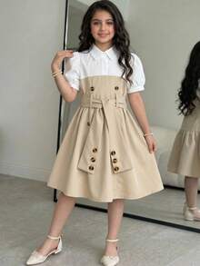 SHEIN Genkimix Kids 年轻女孩时尚都市通勤风白色花瓣袖拼接杏色衬衫领连衣裙，配宽腰带，休闲夏季装扮 - 彩色 - 查看 3