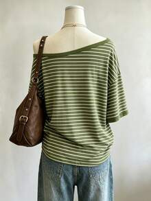 Lalippa Kaos Wanita Leher Bulat Sederhana Motif Garis-Garis Digital Print, Hadiah untuk Teman - MultiWarna - View 2