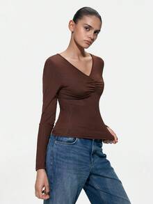 SHAPORA Pijama superior de mujer de unicolor con cuello en V, manga larga y fruncido - Café integral - Ver 6