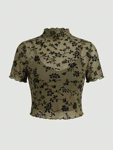 SHEIN MOD Plus Size Velvet Mesh Stand Collar T-Shirt, For Winter - Army Green - View 2