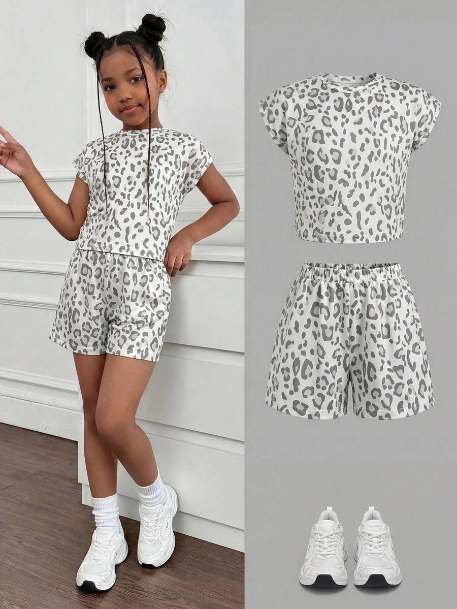 SHEIN 2件組青少年女孩時尚酷豹紋圓領短袖短褲套裝，適合戶外、玩樂、購物、夏季 - 淺灰色 - 查看 1
