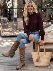 EMERY ROSE Casual Solid Color Long Sleeve Shirt, Versatile For Autumn - Burgundy - View 7